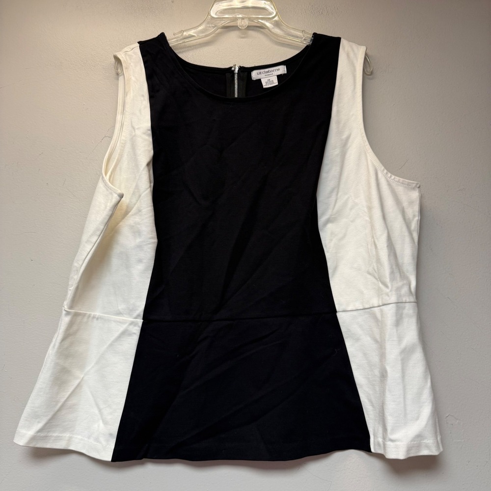 Liz Claiborne Peplum Top Women 2X Black White Excellent Colorblock Zip Back